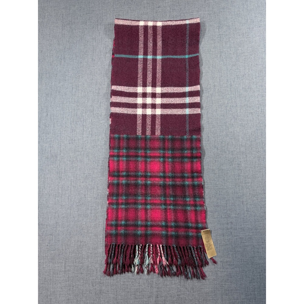 Burberry Merino Wool Scarf Burgundy Red Plaid Check Made in Italy 168x30cm - Picture 2 of 9